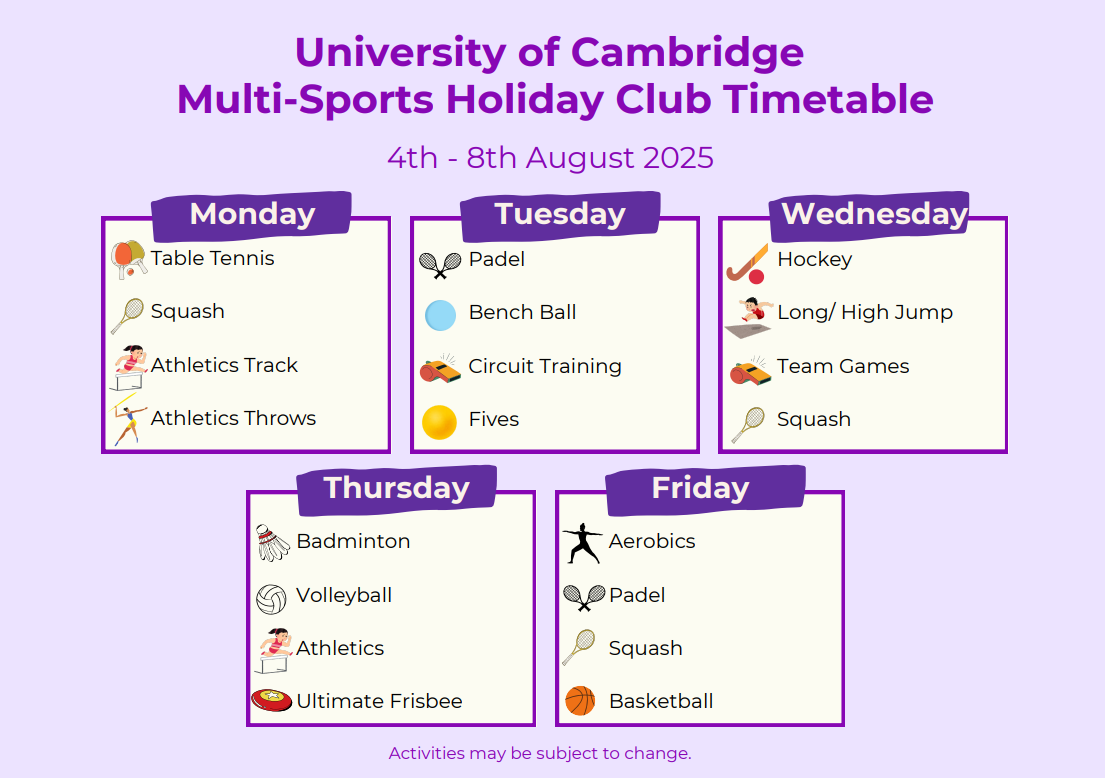 Multi-Sports Holiday Club 4th August - 8th August timetable