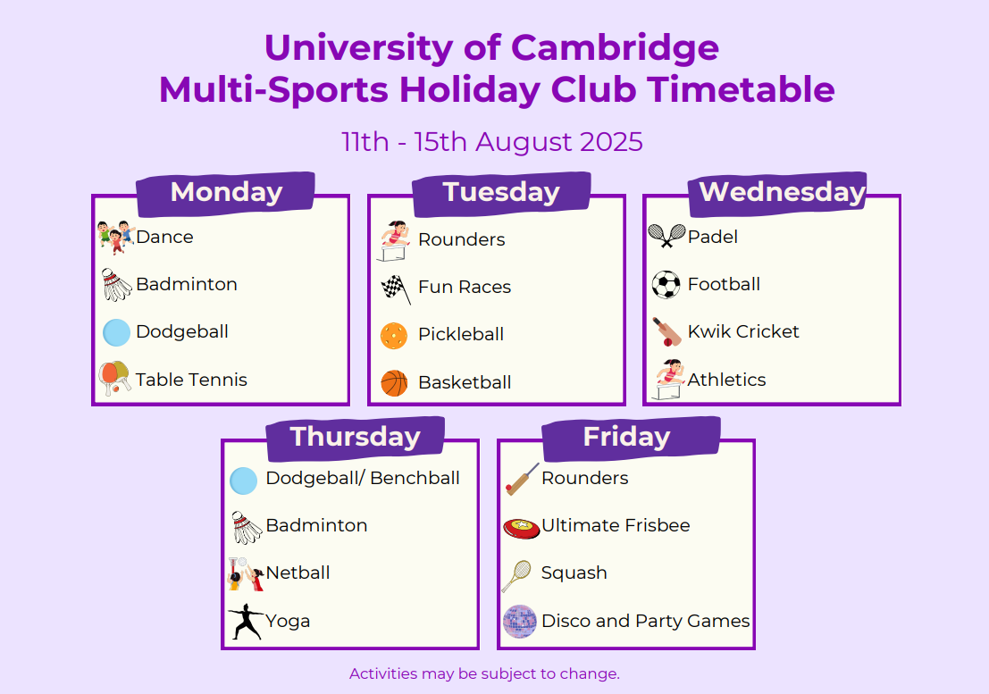 Multi-Sports Holiday Club 11th August - 15th August timetable