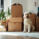 Dog sat in front of a pile of empty boxes