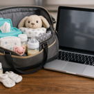 Packed bag with toy, milk and nappies for a baby next to a laptop