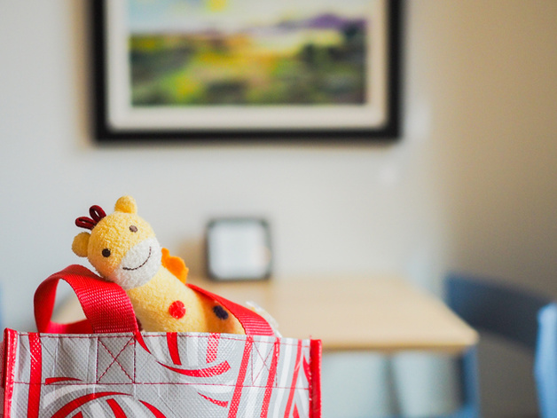 Giraffe toy sticking out of bag