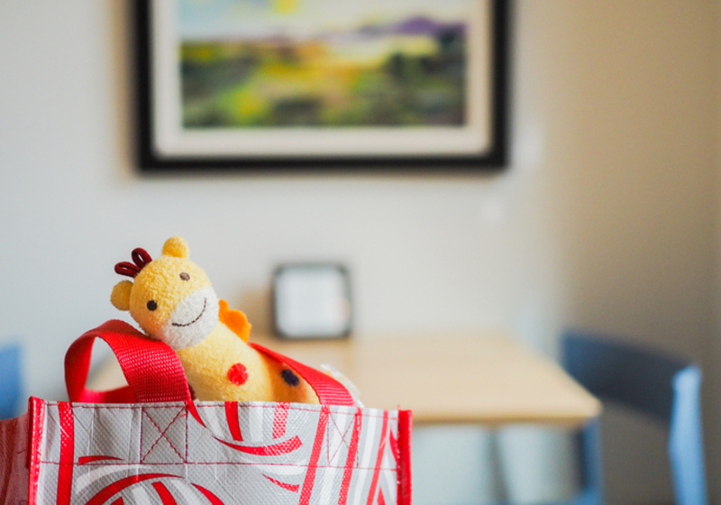 Giraffe toy sticking out of bag
